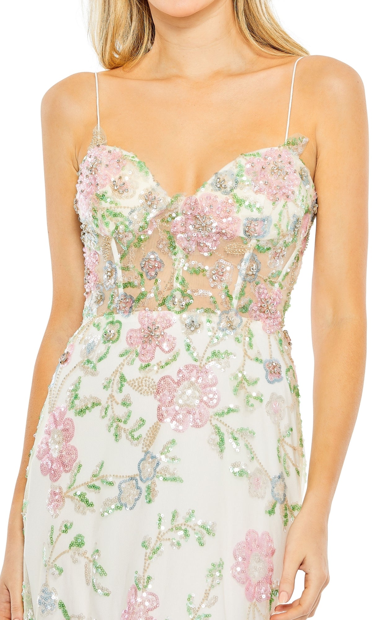 Woman wearing the Long Formal Dress 68180 by Mac Duggal—a fitted floral gown with a sheer corset bodice, thin straps, and pink, green, and blue sequin embroidery.
